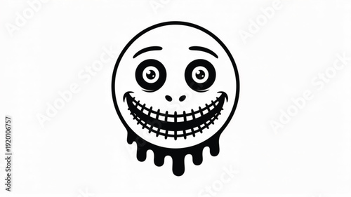 Black and white melting happy face with stitched mouth and dripping substance