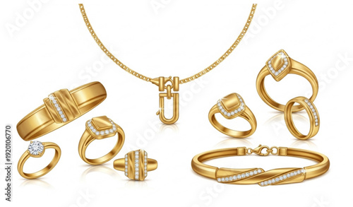 Luxury gold jewelry vector illustration with elegant rings, bracelets, and necklaces