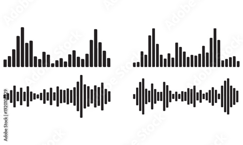 Modern vector illustration collection featuring sound waves, audio equalizer bars, racing speedometers, and motion graphics