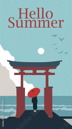 Minimalist Japanese Summer Travel Poster with Torii Gate, Ocean Waves, and "Hello Summer" Typography for Seasonal Marketing