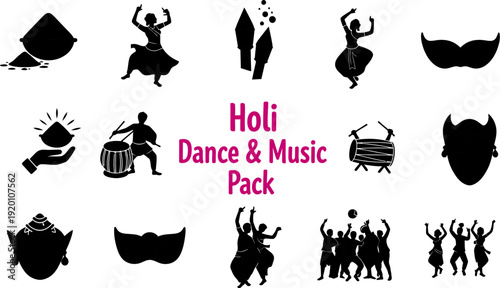 Holi festival dance and music icons set with silhouettes of people and objects