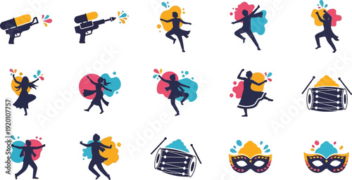 Holi festival icons with colorful splashes and silhouettes of people dancing throwing colors and playing drums