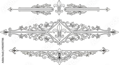 ornate floral designs with fleur de lis on white background for graphic resources