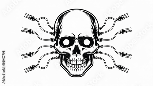 Black and white skull with electric cables robot wires