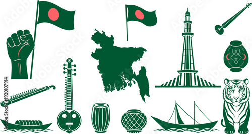 Bangladesh cultural symbols and landmarks in green silhouette on white background