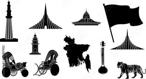 Black silhouettes of Bangladeshi cultural and national symbols and landmarks  flags monuments maps vehicles animals and musical instruments