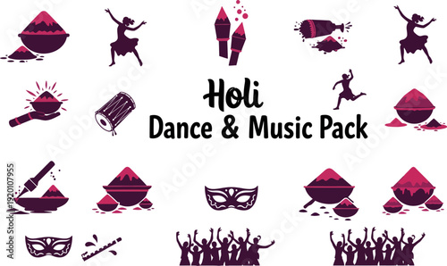 Holi festival dance and music icons with colorful powder and silhouettes of people celebrating  Holi celebration symbols
