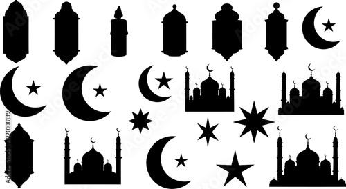 Islamic architecture and symbols silhouettes including mosques minarets crescent moons stars