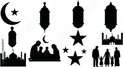 Ramadan Kareem silhouette icons with mosque and family  Islamic holiday symbols