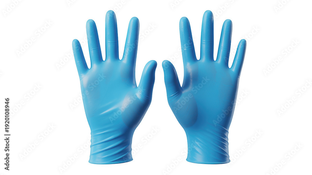 Obraz premium Blue rubber gloves in protective gesture with bright studio lighting on white background for medical or industrial use