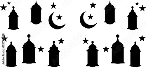 Islamic architecture minarets and crescent moon silhouettes with stars