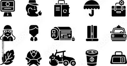 collection of black and white business icons on white background