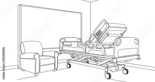 Continuous one line drawing of a hospital ward room with adjustable electric bed and patient armchair