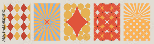 Vertical abstract circus-related background with rhombuses and sunbeams. Modern geometric vectors