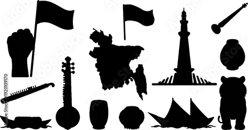 Collection of black silhouettes representing various Indian cultural symbols and objects