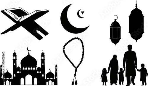 Ramadan Islamic symbols and silhouettes including mosque and family
