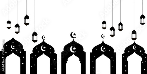 Islamic ramadan eid archways with hanging lanterns and crescent moons on transparent background for holiday greeting cards and invitations