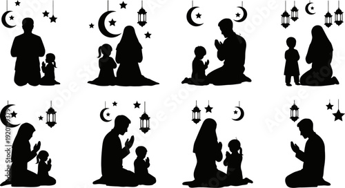 Silhouettes of Muslim families and people praying with moons stars and lanterns