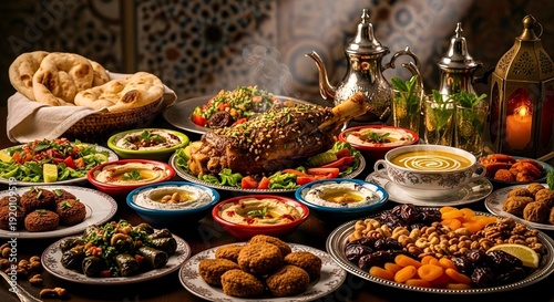 A bountiful spread of Middle Eastern cuisine, featuring roasted lamb, falafel, hummus, salads, dates, and bread, perfect for festive gatherings