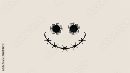 Black barbed wire smiley face with star accents on white background