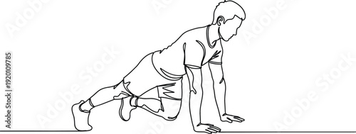 Continuous one line drawing of a man performing mountain climber exercise for fitness and workout concept