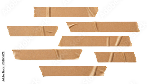 Fotografie set of brown adhesive torn tape isolated transparent png background,Paper tape sticker with ripped edges,Design template or mockup