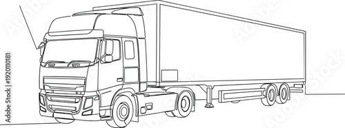 Continuous one line drawing of a semi-truck for logistics transportation and global freight delivery concept