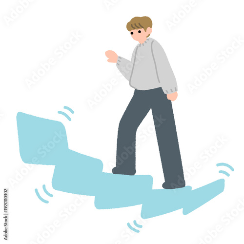 不均一な段差を上がる中性的な人物のフラットデザインイラスト 壁に手を添え支えながら進む動作