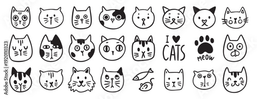 Cat face doodle set, hand drawn cute kitty vector clipart, emoticon, isolated illustration for children card coloring cartoon kawaii