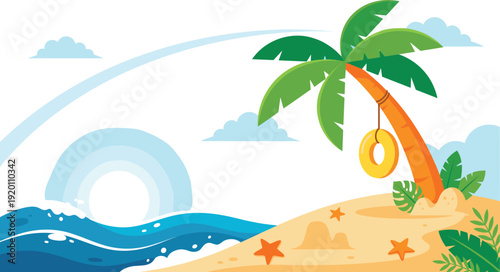 Tropical summer beach background with palm tree, tire swing, blue ocean waves, sand, starfish, clouds, and sun vector illustration