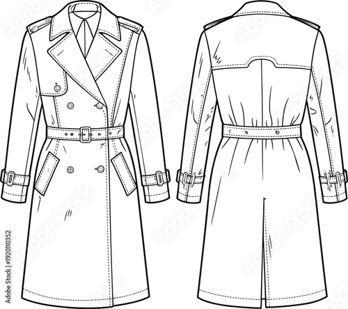 Detailed Double Breasted Belted Trench Coat Technical Flat Sketch Front and Back View Fashion Apparel Line Drawing Template Design