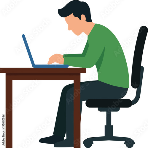 Man sitting at desk with poor posture using laptop, experiencing back pain and neck strain from bad ergonomics
