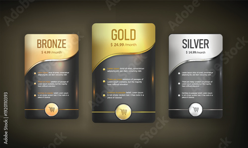 Three metallic award cards with bronze gold and silver finishes