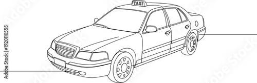 Continuous one line drawing of a taxi cab sedan for urban transportation and city travel service