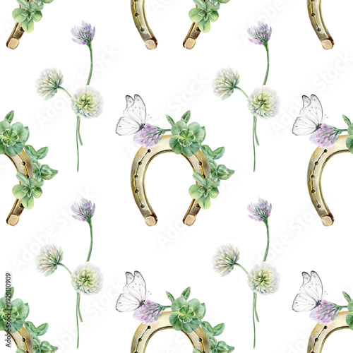Photography Seamless pattern of horseshoe,shamrock leaves,lilac and white clovers flowers,delicate white butterfly Irish symbols of luck and happiness
