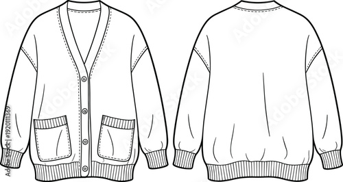 Oversized Button Up Cardigan Sweater Technical Flat Sketch Front and Back View Fashion Apparel Line Drawing Template