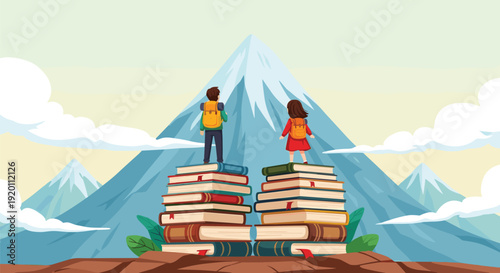 Mountain peak adventure and education concept with children standing on book stacks, exploring knowledge, learning and academic success vector, illustration