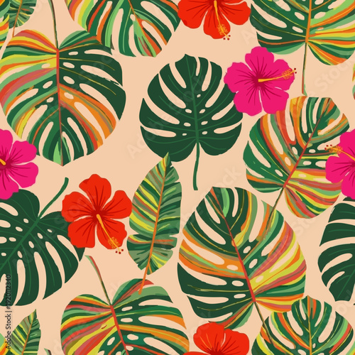 Tropical Monstera Seamless Pattern - Modern Kitsch Floral Vector. A vibrant seamless pattern featuring stylized monstera leaves and hibiscus flowers in a bold modern kitsch style.