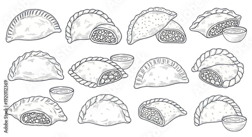 Hand-drawn Empanadas Collection: Various Styles and Fillings