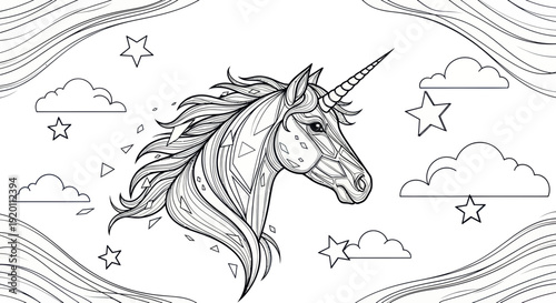 Magical Unicorn Head Sketch with Stars and Clouds