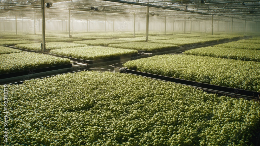 Obraz premium Extensive greenhouse cultivation of lush green seedlings across multiple levels for advanced agricultural production.
