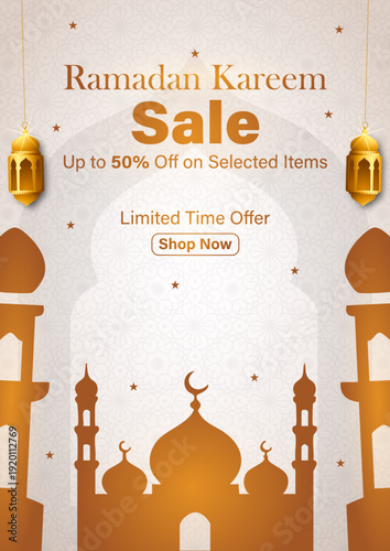 Ramadan Kareem Sale Banner with Golden Mosque and Lanterns, Islamic Mubarak Sale Poster Template with 50 Percent Discount, Elegant Ramadan Kareem Promotion Flyer with Arabesque Background, Modern Eid 