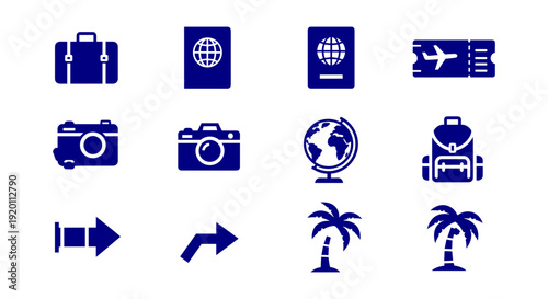 Travel and Tourism Vector Icons. Luggage, Passport, Plane Ticket, Camera, Globe, Backpack, and Palm Tree Symbols.