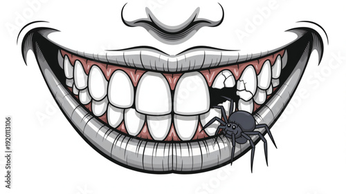 Creepy Cartoon Smile with Cracked Teeth and Spider 1