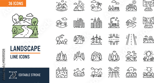 Set of 36 landscape line icons for natural scenery geographical features environment topography and outdoor eco-friendly designs