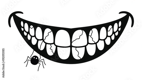 Creepy cartoon smile with cracked teeth and spider