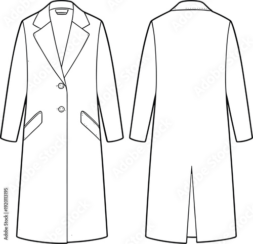 Classic Long Wool Coat Technical Flat Sketch Front and Back View Fashion Apparel Line Drawing Template