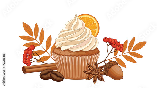 Delicious autumn-inspired cupcake with swirl frosting, decorated with an orange slice, cinnamon, coffee beans, anise, and fall berries.