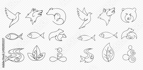 Continuous line art of various animals and nature elements, including dove, wolf, bear, fish, and plants, in a minimalist style.