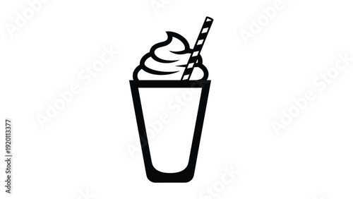 Bold black and white icon of a milkshake or frappe in a tall glass, topped with a large swirl of whipped cream and a striped straw.